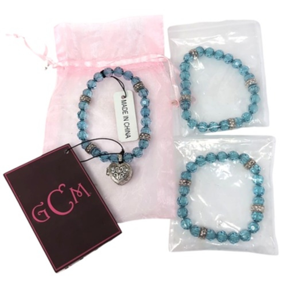 Garold C. Miller Friends Heart Locket Aqua Faceted Bead Stretch Bracelets NEW